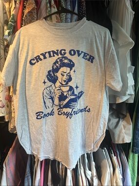 NEW Pebby Forevee - Crying Over Book Boyfriends - Light Gray with Blue Print